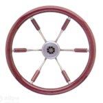 Stuurwiel 360 mm, RVS/ mahonie rand (6-Spaaks RVS stuurwiel rand en deels spaken van mahonie)