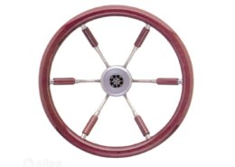 Stuurwiel 360 mm, RVS/ mahonie rand (6-Spaaks RVS stuurwiel rand en deels spaken van mahonie)