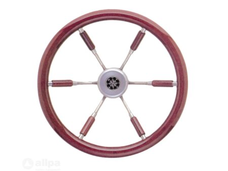 Stuurwiel 360 mm, RVS/ mahonie rand (6-Spaaks RVS stuurwiel rand en deels spaken van mahonie)