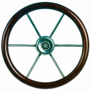 Stuurwiel 360 mm, RVS/ teak rand (6-Spaaks RVS stuurwiel met mahonie rand)