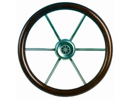 Stuurwiel 360 mm, RVS/ teak rand (6-Spaaks RVS stuurwiel met mahonie rand)