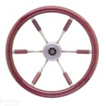 Stuurwiel 360 mm, RVS/ mahonie rand (6-Spaaks RVS stuurwiel rand en deels spaken van mahonie)