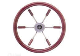 Stuurwiel 360 mm, RVS/ mahonie rand (6-Spaaks RVS stuurwiel rand en deels spaken van mahonie)