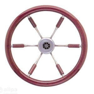 Stuurwiel 360 mm, RVS/ mahonie rand (6-Spaaks RVS stuurwiel rand en deels spaken van mahonie)