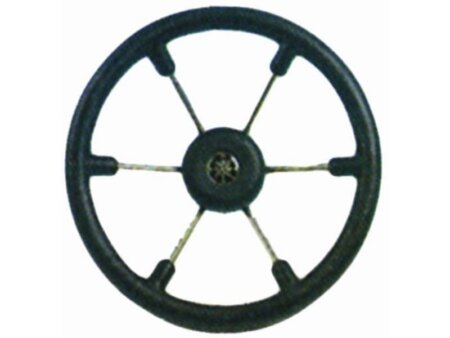 Stuurwiel 370 mm RVS/ zwart /6-Spaaks RVS stuurwiel met zwarte polyurethaan rand