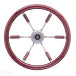 Stuurwiel 360 mm, RVS/ mahonie rand (6-Spaaks RVS stuurwiel rand en deels spaken van mahonie)