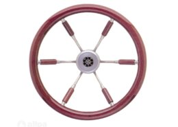 Stuurwiel 360 mm, RVS/ mahonie rand (6-Spaaks RVS stuurwiel rand en deels spaken van mahonie)